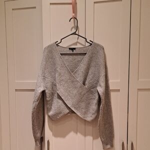 Dynamite Light Gray Cropped V-Neck Wrap Sweater